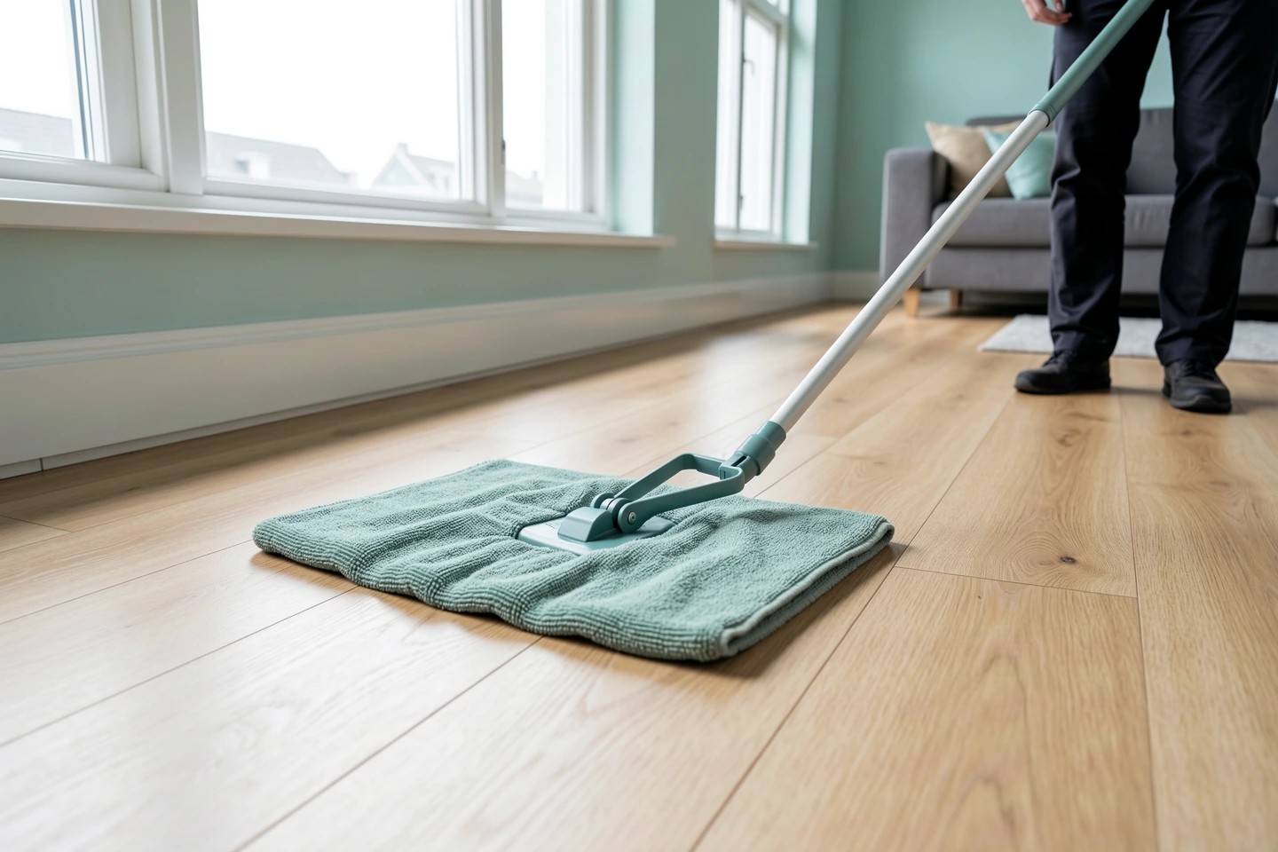 Een vlakmop op een lichte houten vloer in een appartement