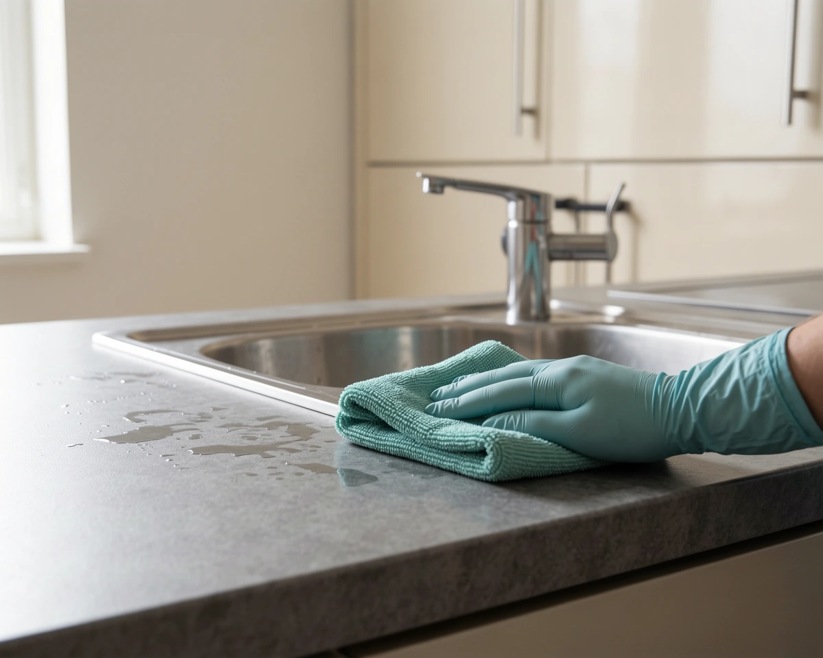 Een hand met schoonmaakdoek aan de rand van een keukenaanrecht