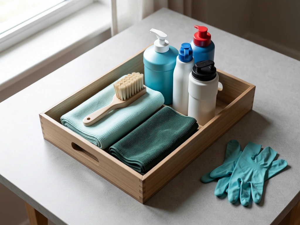 Een draagbak met doeken, borstels en schoonmaakmiddelen op een werktafel