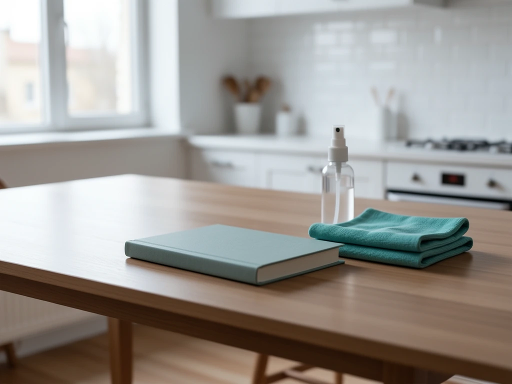 Een gesloten notitieboek naast een schoonmaakdoek op een tafel